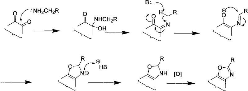 Detailed reaction mechanism illustrating nucleophilic addition and rearrangement steps