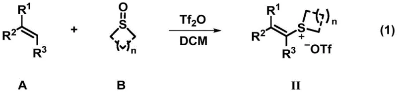 Synthesis of polysubstituted alkenylsulfonium salt II from olefin A and sulfoxide B