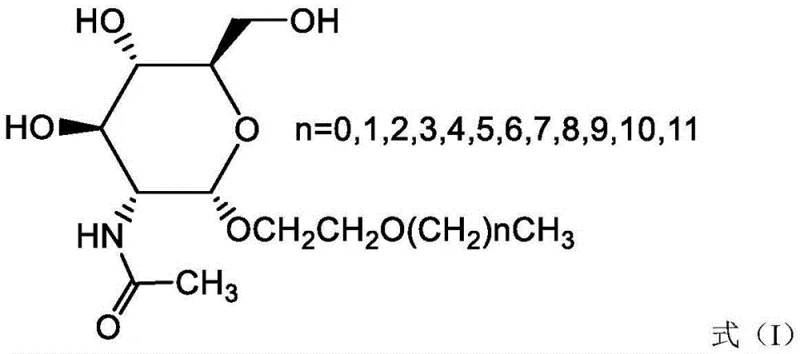 General chemical structure of alkoxyethyl-2-acetamido-2-deoxy-alpha-D-glucopyranosides showing variable alkyl chain length