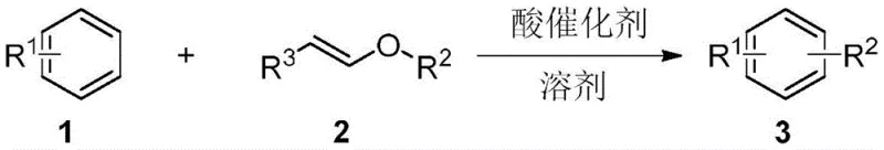 General reaction scheme showing the acid-catalyzed Friedel-Crafts alkylation of aromatic compounds with alkenyl ethers to form alkyl-substituted aromatics