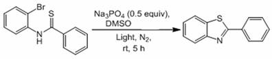 Base reaction scheme showing 98% yield using visible light and sodium phosphate