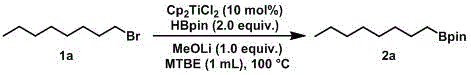 High-yield titanium-catalyzed borylation of 1-bromooctane to alkyl boronic acid pinacol ester