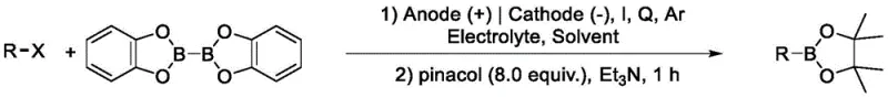 General reaction scheme for electrochemical borylation of alkyl halides using B2cat2