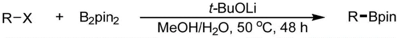 General reaction scheme showing alkyl halide conversion to alkyl boronate using B2pin2 and t-BuOLi