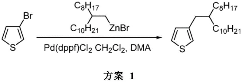 Specific example of coupling 3-bromothiophene with a branched alkyl zinc reagent to yield 3-(2-octyldodecyl)thiophene