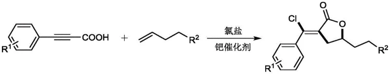 General reaction scheme showing the coupling of phenylpropiolic acid derivatives with unactivated olefins to form alkyl-substituted alpha-methylene-gamma-butyrolactones