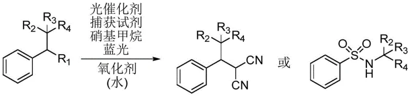 Reaction overview showing catalyst, oxidant and blue light conditions