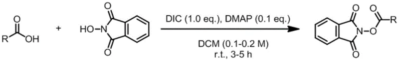 Synthetic route showing preparation of reduced active ester from carboxylic acid using DIC and DMAP catalysts