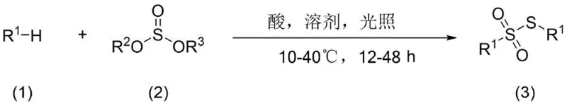 General reaction scheme showing direct coupling of alkane and sulfurous acid derivative under acid and light conditions