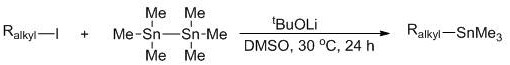 General reaction scheme showing alkyl iodide reacting with hexamethylditin and base to form alkyl trimethyl tin