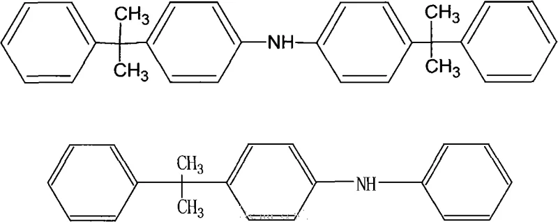 Chemical structures of 4,4-bis(alpha,alpha-dimethylbenzyl)diphenylamine and 4-(alpha,alpha-dimethylbenzyl)diphenylamine mixture