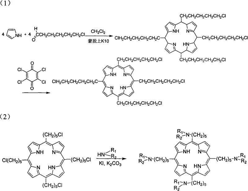Two-step synthesis reaction scheme showing condensation of pyrrole and 6-chloro-1-hexanal followed by amine substitution
