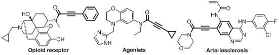 Chemical structures of drugs containing alpha,beta-unsaturated alkynamide groups showing applications in opioid receptors and agonists