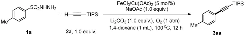 Reaction scheme showing the synthesis of 1-p-methylphenyl-2-((triisopropylsilyl)acetylene using FeCl3/Cu catalyst
