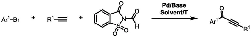 Reaction scheme showing Pd-catalyzed carbonylation of aryl bromide and alkyne using N-formyl saccharin