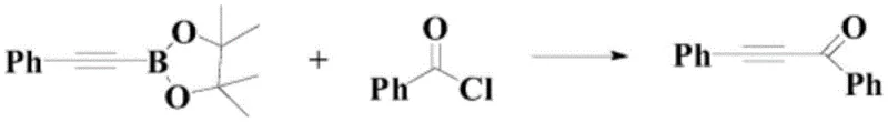 Prior art reaction showing synthesis of conjugated ketones using arylboronic acid esters and acid chlorides