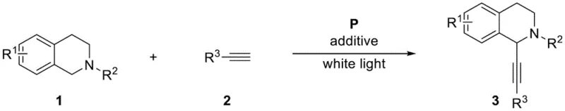 General reaction scheme for photocatalytic cross-dehydrogenative coupling of tetrahydroisoquinolines and alkynes