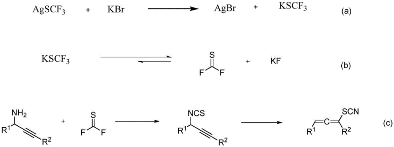 Detailed reaction mechanism showing in situ generation of thiofluorophosgene and sigmatropic rearrangement