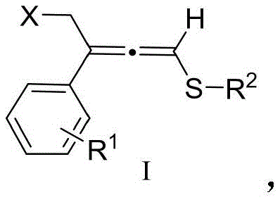 General chemical structure of substituted allene thioether compound Formula I showing variable substituents X, R1, and R2