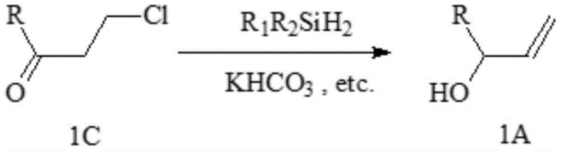 Chemical reaction scheme showing iridium-catalyzed conversion of 3-chloropropyl derivative (1C) to allyl alcohol derivative (1A) using dialkyldihydrosilane and potassium bicarbonate
