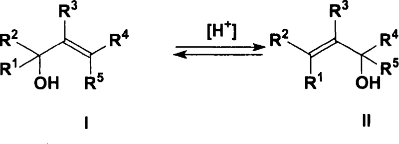 General reaction scheme showing the acid-catalyzed isomerization equilibrium between reactant allyl alcohol formula I and product allyl alcohol formula II