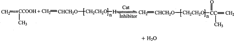 Reaction equation showing the esterification of allyl alcohol polyoxyethylene ether with methacrylic acid to form the target monomer and water