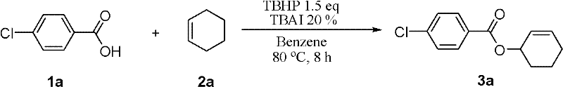 Representative reaction scheme showing the iodide-catalyzed synthesis of allyl ester 3a from acid 1a and cyclohexene 2a