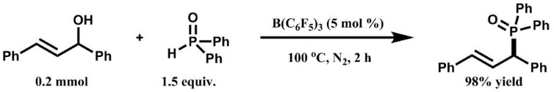 Reaction scheme showing B(C6F5)3 catalyzed coupling of allyl alcohol and diphenylphosphine oxide