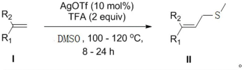 General reaction scheme for AgOTf-catalyzed synthesis of allyl thiomethyl ethers from olefins and DMSO