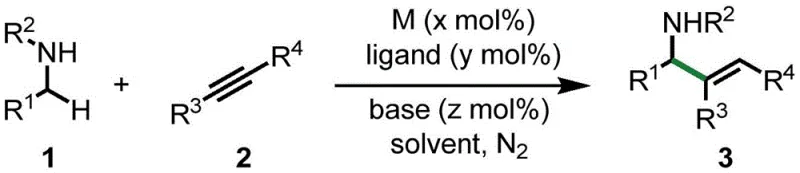 General reaction scheme for nickel-catalyzed synthesis of allylamine derivatives from amines and alkynes
