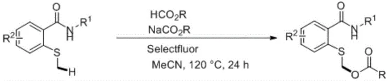 General reaction scheme for preparing alpha-acyloxy thioether derivatives using Selectfluor