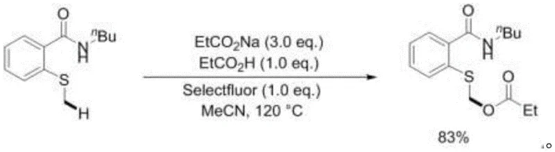 High-yield synthesis example of alpha-acyloxy thioether derivative showing 83% yield