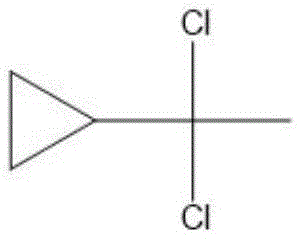 Chemical structure of alpha, alpha-dichloroethyl cyclopropane showing the cyclopropane ring attached to a dichloroethyl group