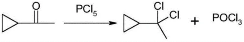 Conventional reaction scheme showing ketone reacting with PCl5 to produce dichloro compound and POCl3 byproduct