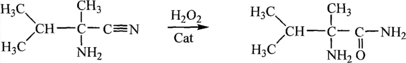 Specific reaction scheme showing the conversion of 2-amino-2,3-methylbutyronitrile to the corresponding amide using H2O2 and a catalyst