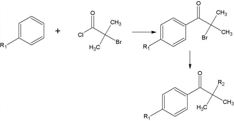 General reaction scheme showing the two-step synthesis of alpha-amino aromatic ketones from substituted benzene and 2-bromoisobutyryl chloride