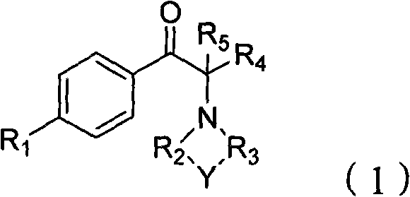 General chemical structure of alpha-amino aryl alkyl ketone compounds showing variable substituents R1 through R5