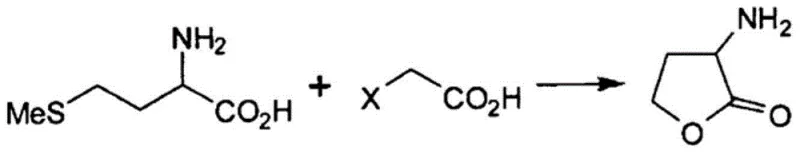 General reaction scheme showing methionine reacting with haloacetic acid to form alpha-amino-gamma-butyrolactone