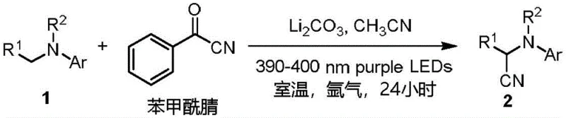 General reaction scope showing diverse tertiary amines converting to alpha-aminonitriles