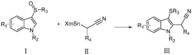 General reaction scheme showing aryl sulfoxide reacting with alpha-tin nitrile to form alpha-aryl nitrile