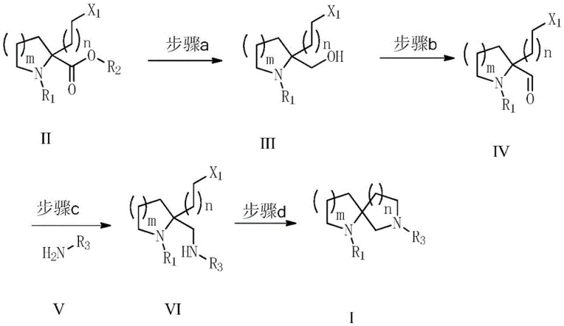 General synthetic route showing four key steps from ester to spirocyclic amine