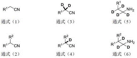 General reaction scheme for synthesizing alpha,beta-deuterated amines from nitrile precursors