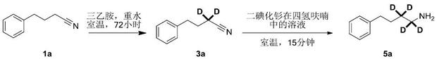 Specific example of reductive deuteration converting phenylpropionitrile to deuterated amine