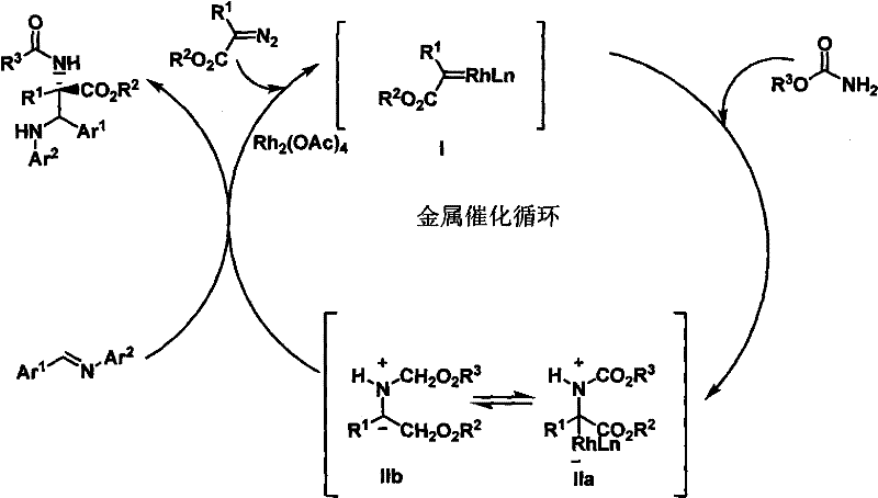 Catalytic cycle mechanism showing metal carbene formation, ylide generation, and imine capture