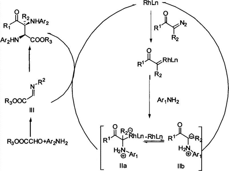 Proposed catalytic cycle showing metal carbene formation and ammonium ylide attack
