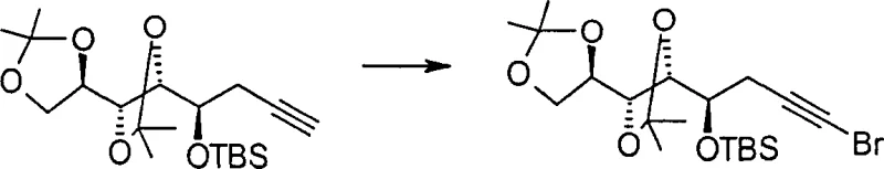 Specific synthesis example showing the bromination of a protected sugar derivative to form the alkynyl bromide intermediate