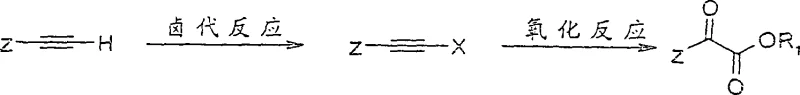 General reaction scheme showing the two-step conversion of terminal alkyne to alpha-carbonyl ester via halogenation and oxidation