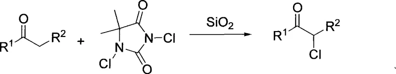 Reaction scheme showing silica-catalyzed chlorination of ketones with dichlorohydantoin
