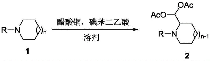 General reaction scheme for synthesizing alpha-diacetoxymethyl substituted nitrogen heterocycles via oxidative ring contraction
