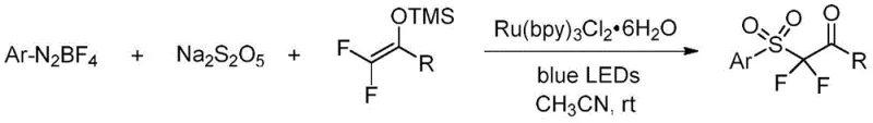 General reaction scheme for the synthesis of alpha,alpha-difluoro-beta-carbonyl sulfones using aryl diazonium salts, sodium metabisulfite, and enol silanes under blue light irradiation